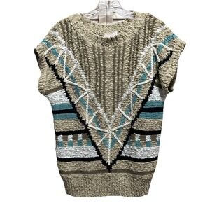 Beldoch Popper Chunky‎ Knit Embroidery Tan/ Blue Aztec Sleeveless Sweater Size L